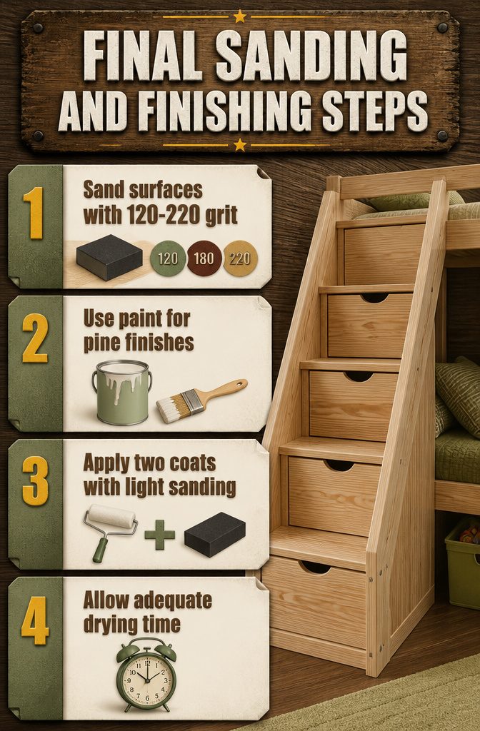 Sanding tools and materials laid out for finishing bunk bed stairs.