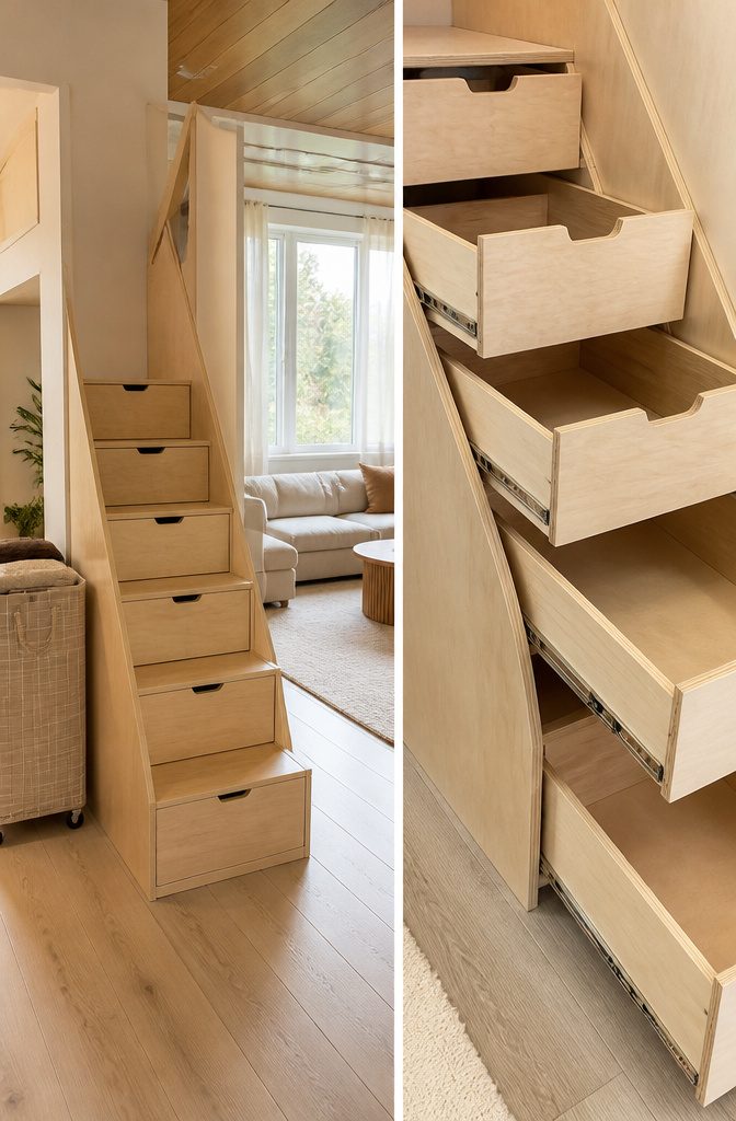 Stairs with built-in drawers designed for bunk bed use.