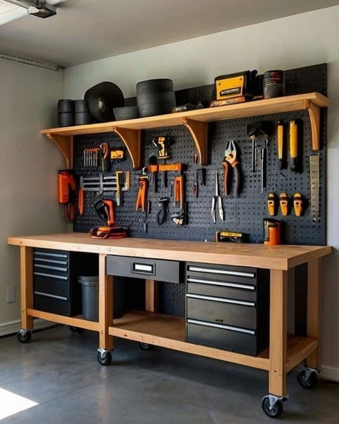 A wooden mobile workbench with black drawers and a pegboard tool organizer in a garage.
