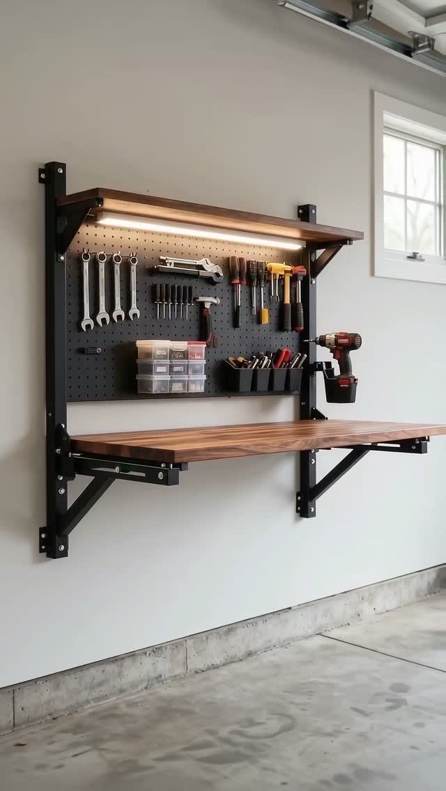 A wall-mounted wooden workbench with a pegboard organizer holding various hand tools in a garage.