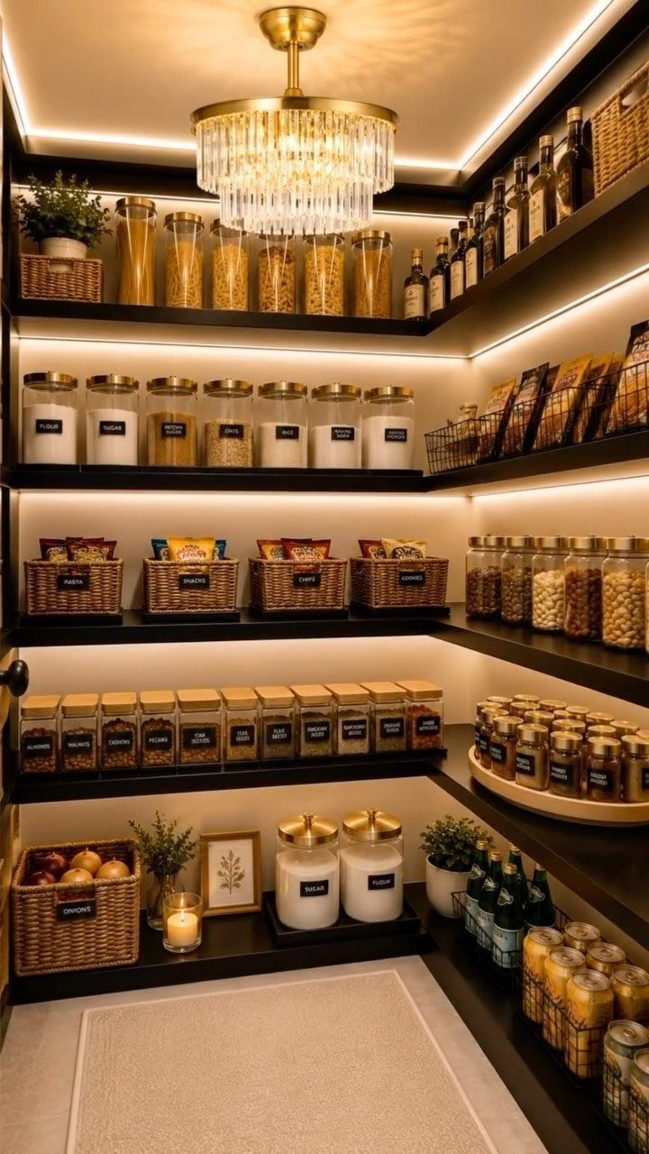 Organized pantry shelves with glass jars, wicker baskets, and a gold crystal chandelier under warm lighting.