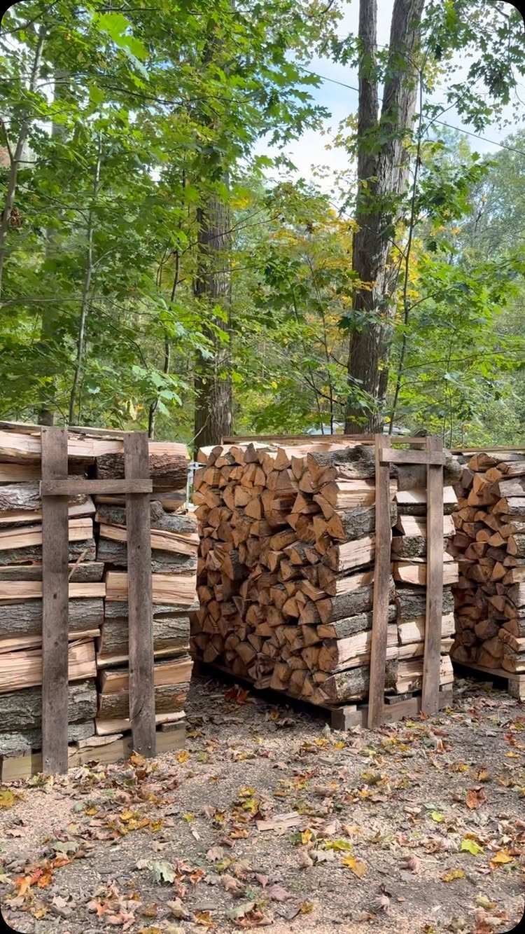 Stacks of split firewood organized within vertical wooden timber frames in an outdoor wooded setting.