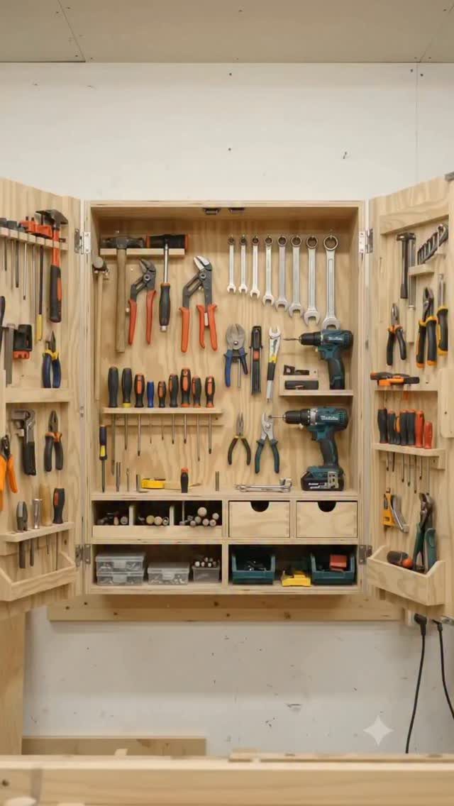 Plywood tool organizer cabinet mounted on a wall containing various hand tools and small drawers.