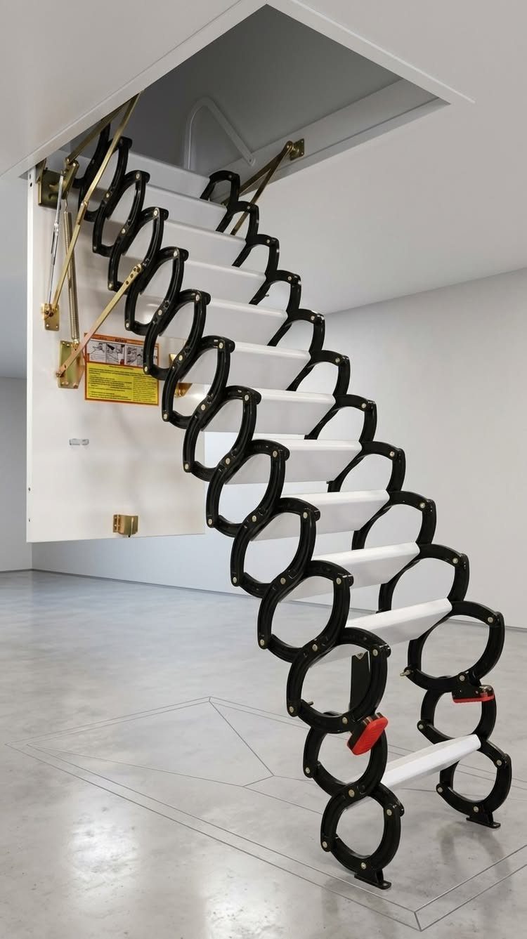A black metal folding staircase with white steps descending from a ceiling opening.