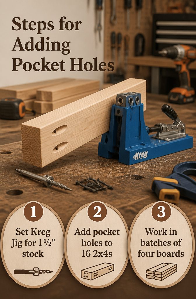 An image demonstrating the process of drilling pocket holes in 2x4s.