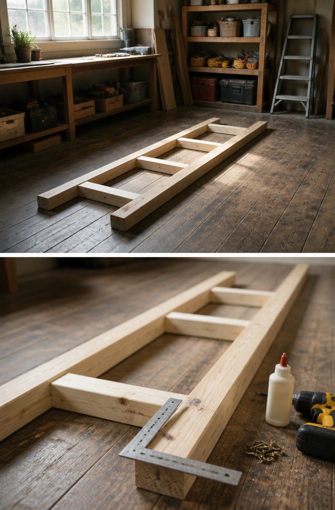 A photo illustrating the assembly of wooden shelf frames on the floor.