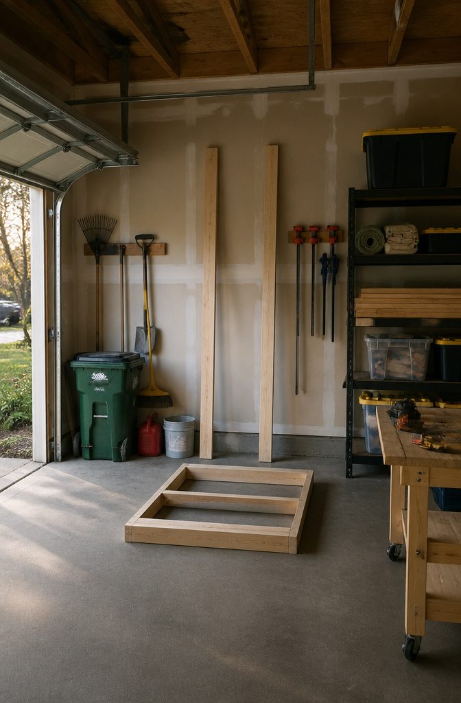 An image showing vertical 2x4s marked for shelf frame attachment.