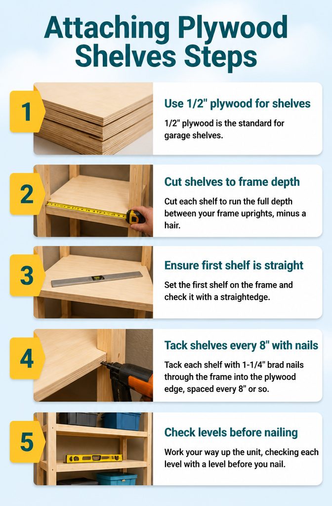 An illustration showing the process of attaching plywood shelves.