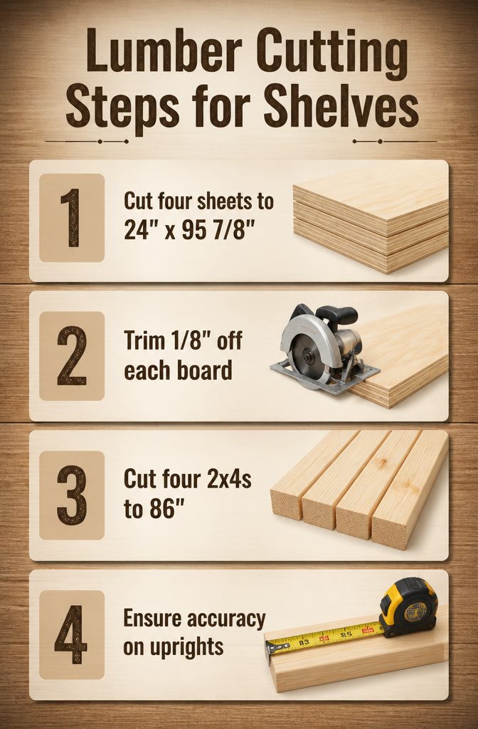 A guide illustrating how to cut plywood sheets for shelves.