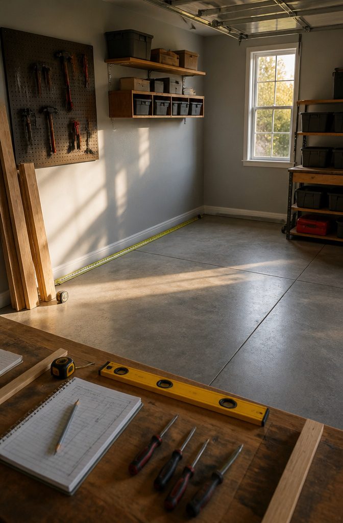 A photo showing a tape measure next to a wall in a garage.