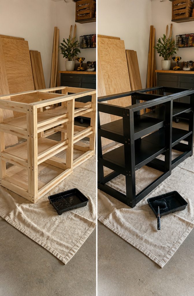 A photo of a black-painted frame ready for plywood installation.