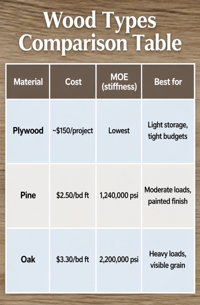 A table comparing wood types based on cost, stiffness, and best uses.