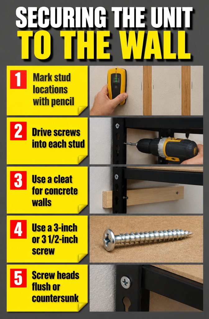 An image depicting the method of anchoring a shelf unit to the wall.
