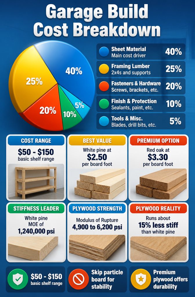 An image detailing the cost analysis for building garage shelves.