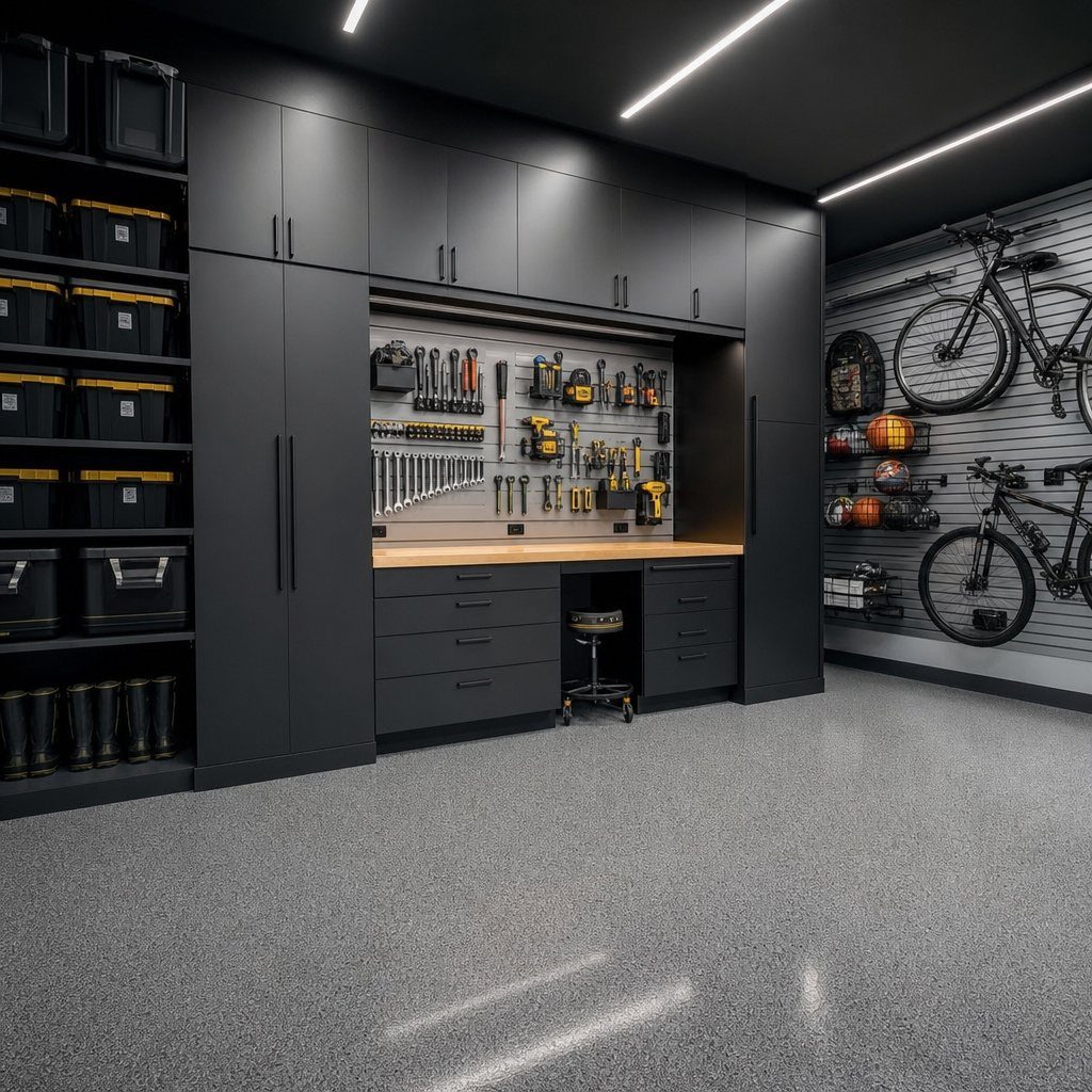 Dark grey modular garage cabinet system with a built-in workbench and organized tool storage.