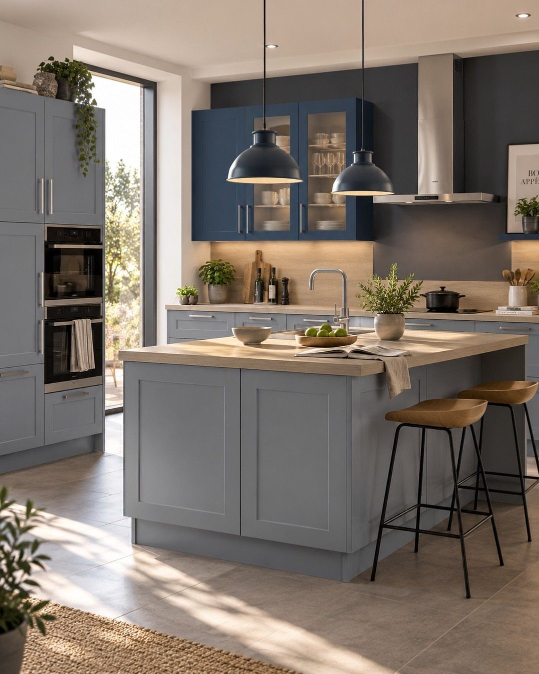 Grey kitchen island and cabinets with navy blue upper cabinetry and blue pendant lights.