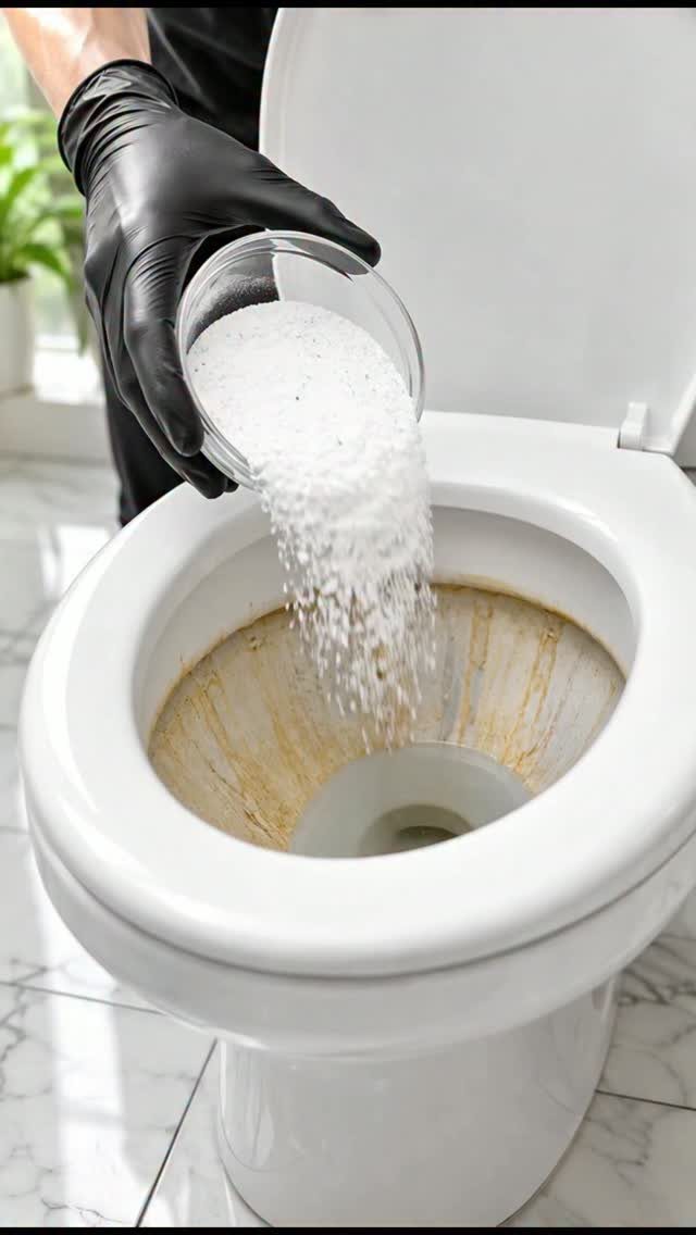 A gloved hand pouring white cleaning granules into a stained white toilet bowl.