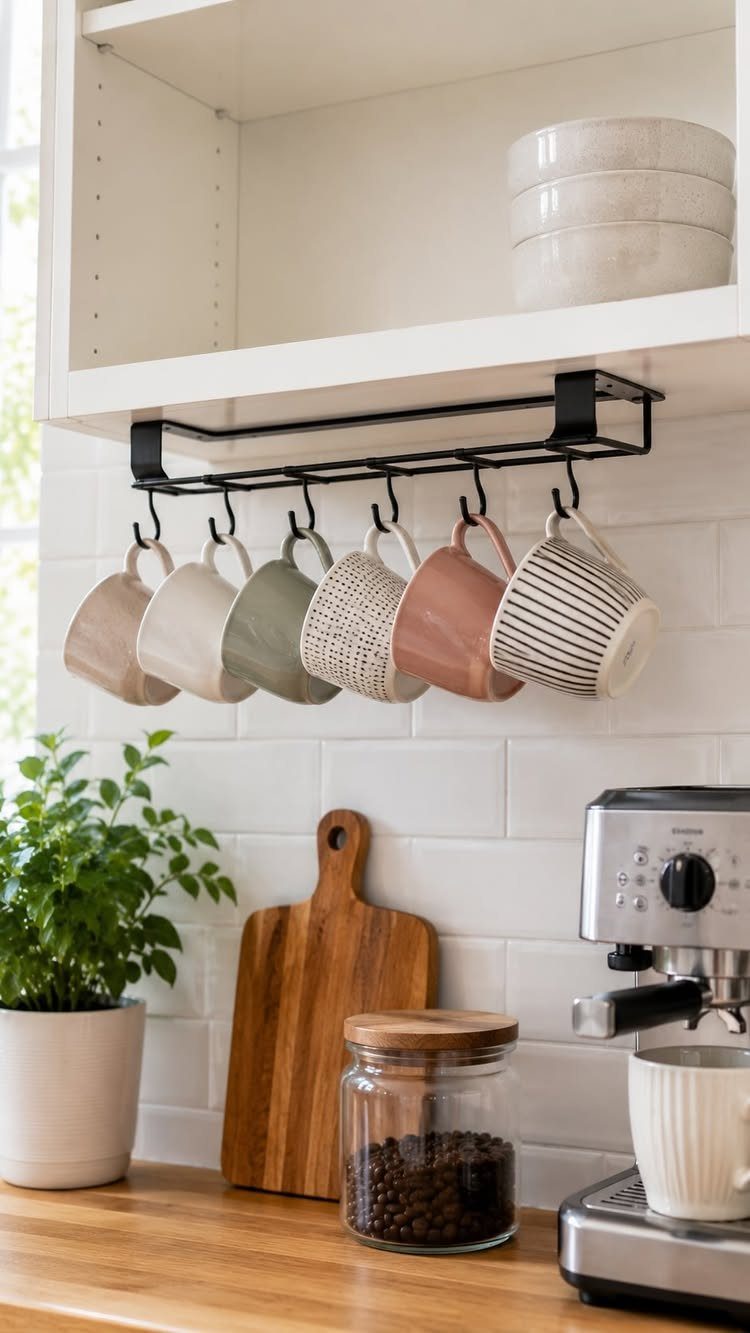 Ceramic mugs hanging from a black metal rack mounted under a white kitchen shelf.