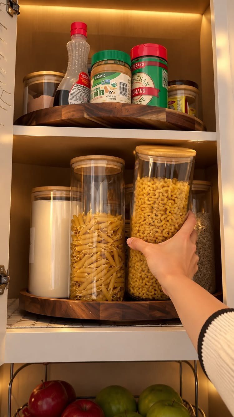 A hand reaches for a pasta canister on a wooden lazy Susan inside a kitchen cabinet.