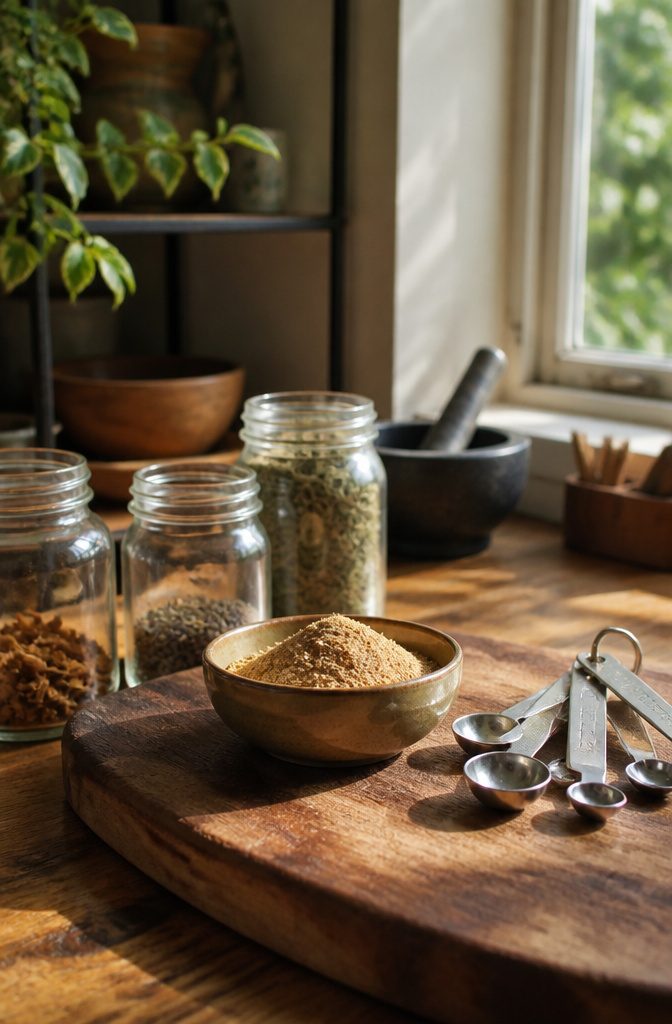 Bowl of makko powder on a wooden cutting board.