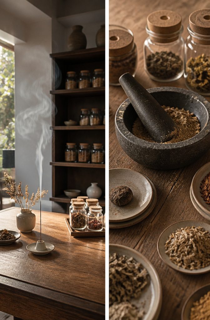 Heat-proof plate set up for burning incense on a surface.