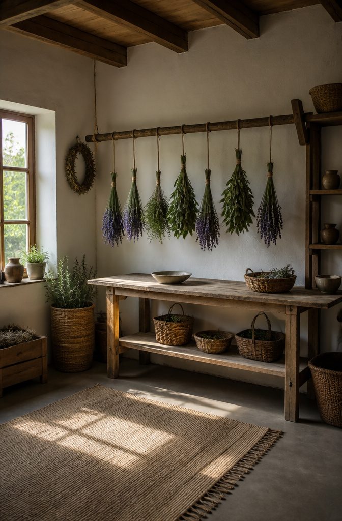 Bundles of fresh herbs hanging upside down on twine.