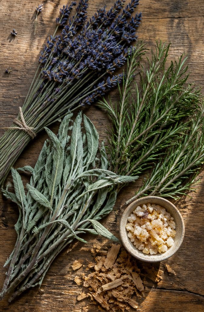 Dried lavender, sage, and rosemary arranged together.