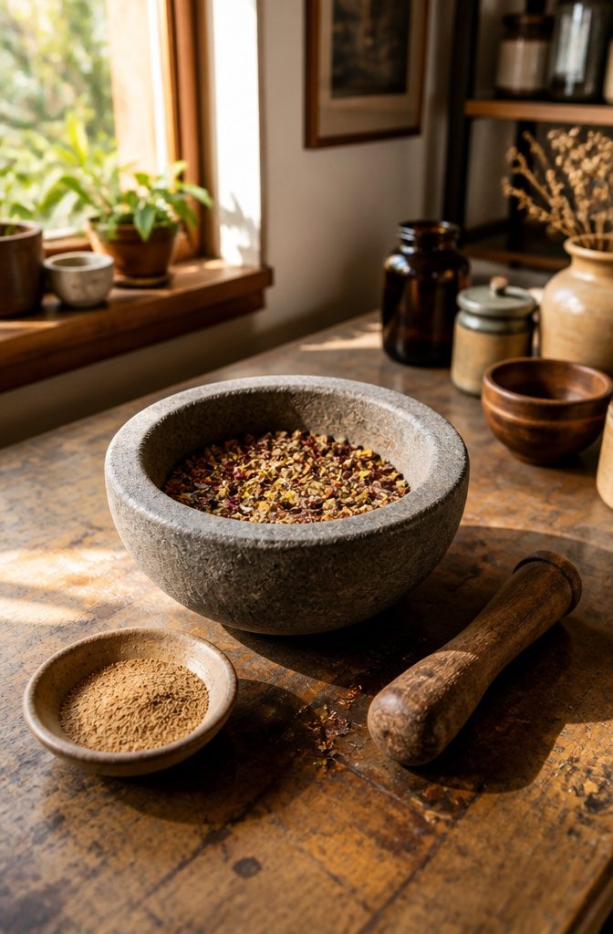 Mortar filled with ground herbs and resins, and a wooden pestle.
