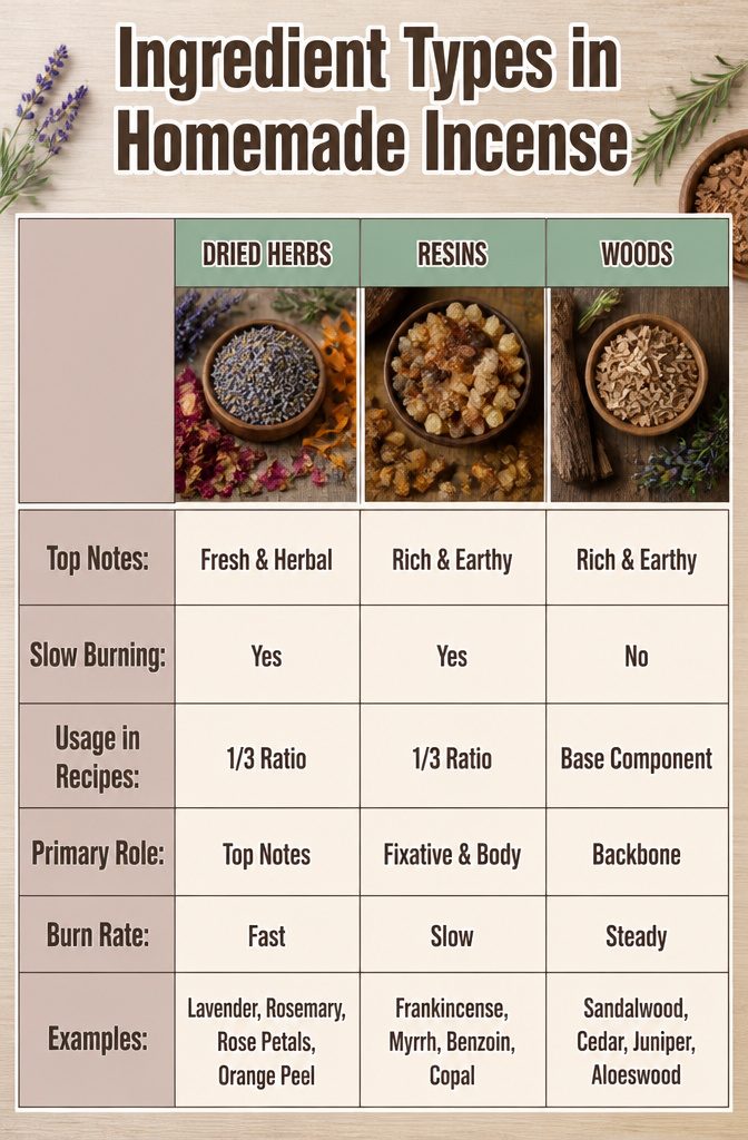 Infographic showing types of ingredients used in incense making.