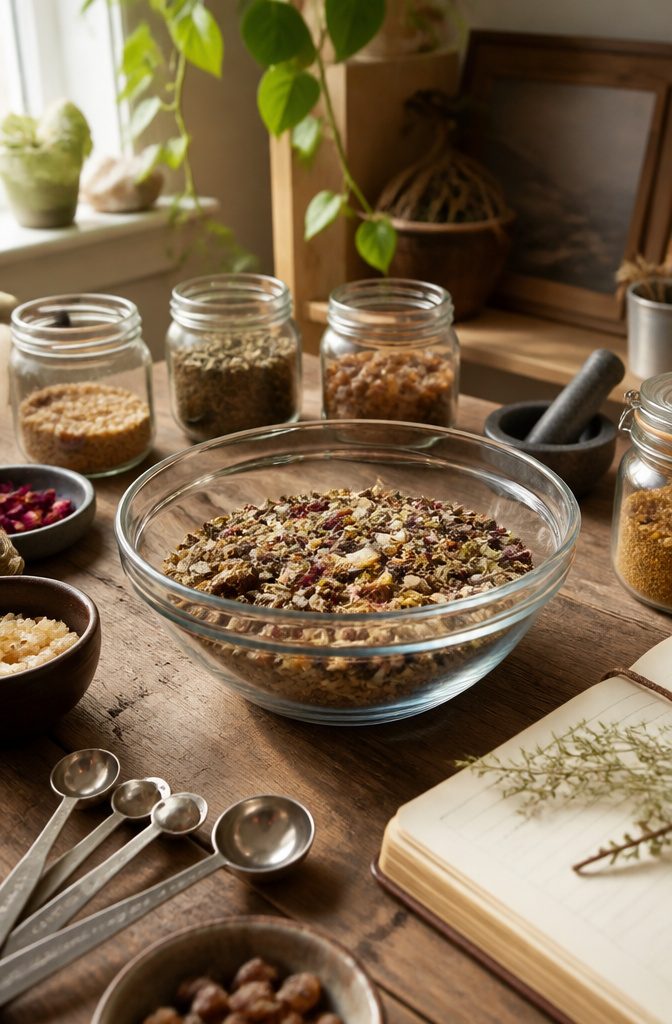 Glass bowl filled with a mixture of herbs and resins on a wooden table.