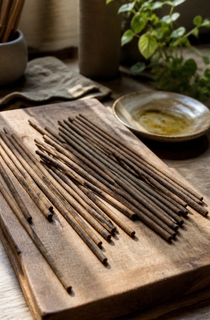 White incense sticks being dipped in essential oil.