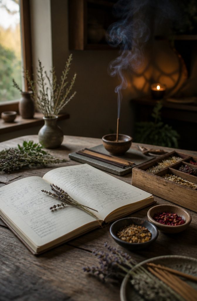 Open notebook with handwritten notes surrounded by herbs and incense.