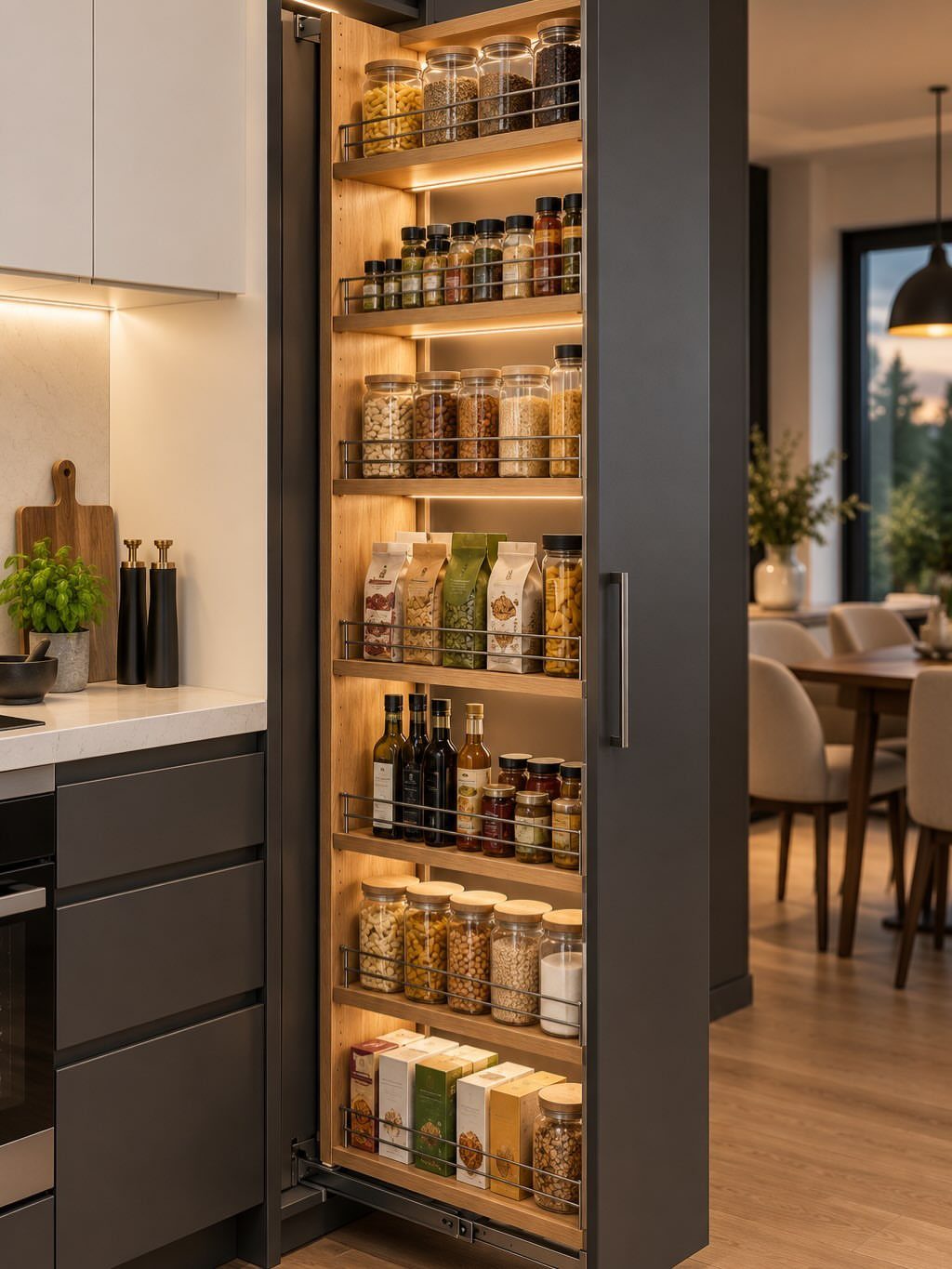 An open tall pantry cabinet filled with organized glass jars of food and spices on wooden shelves.