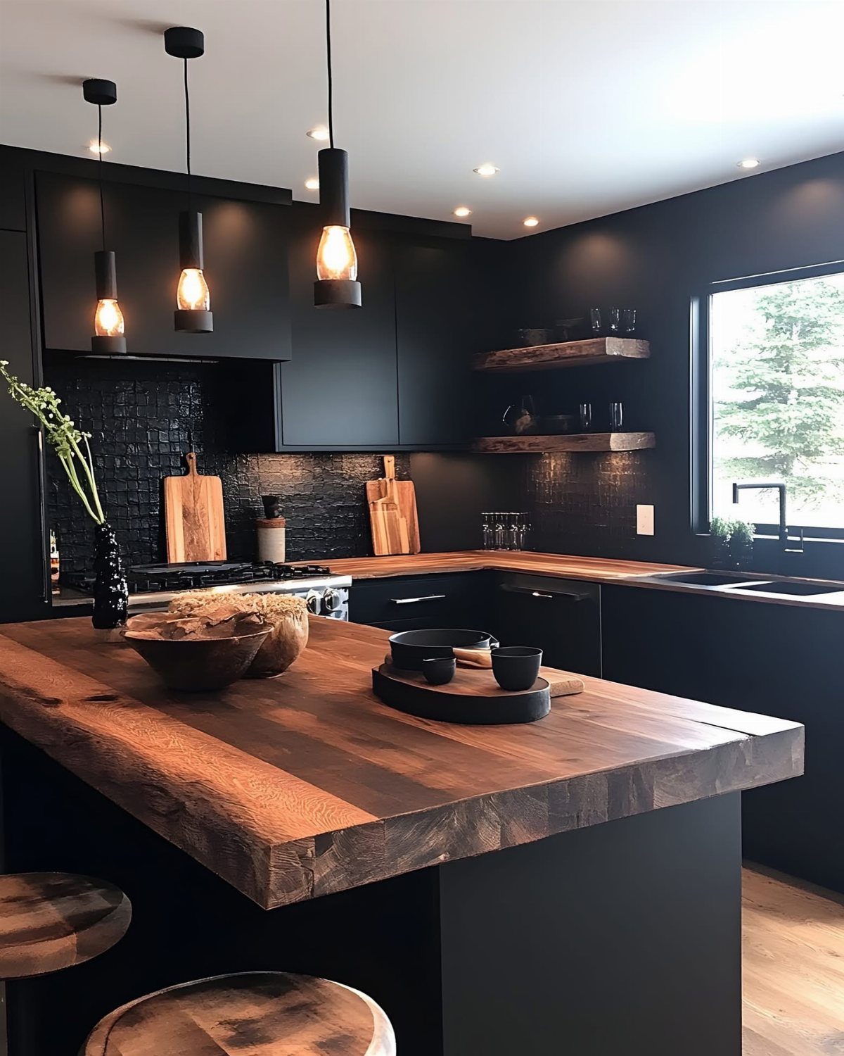 Matte black kitchen cabinets with thick wooden countertops and hanging pendant lights.