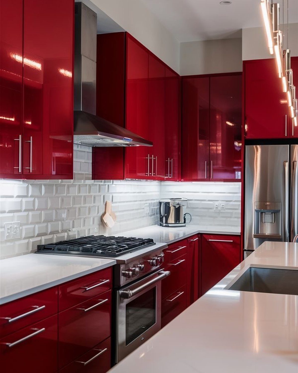 Glossy brilliant red kitchen cabinets with white countertops and a white subway tile backsplash.