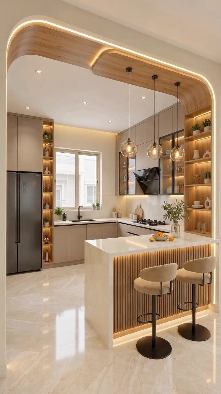 Modern kitchen with cream cabinets, a large island, and warm integrated LED lighting.