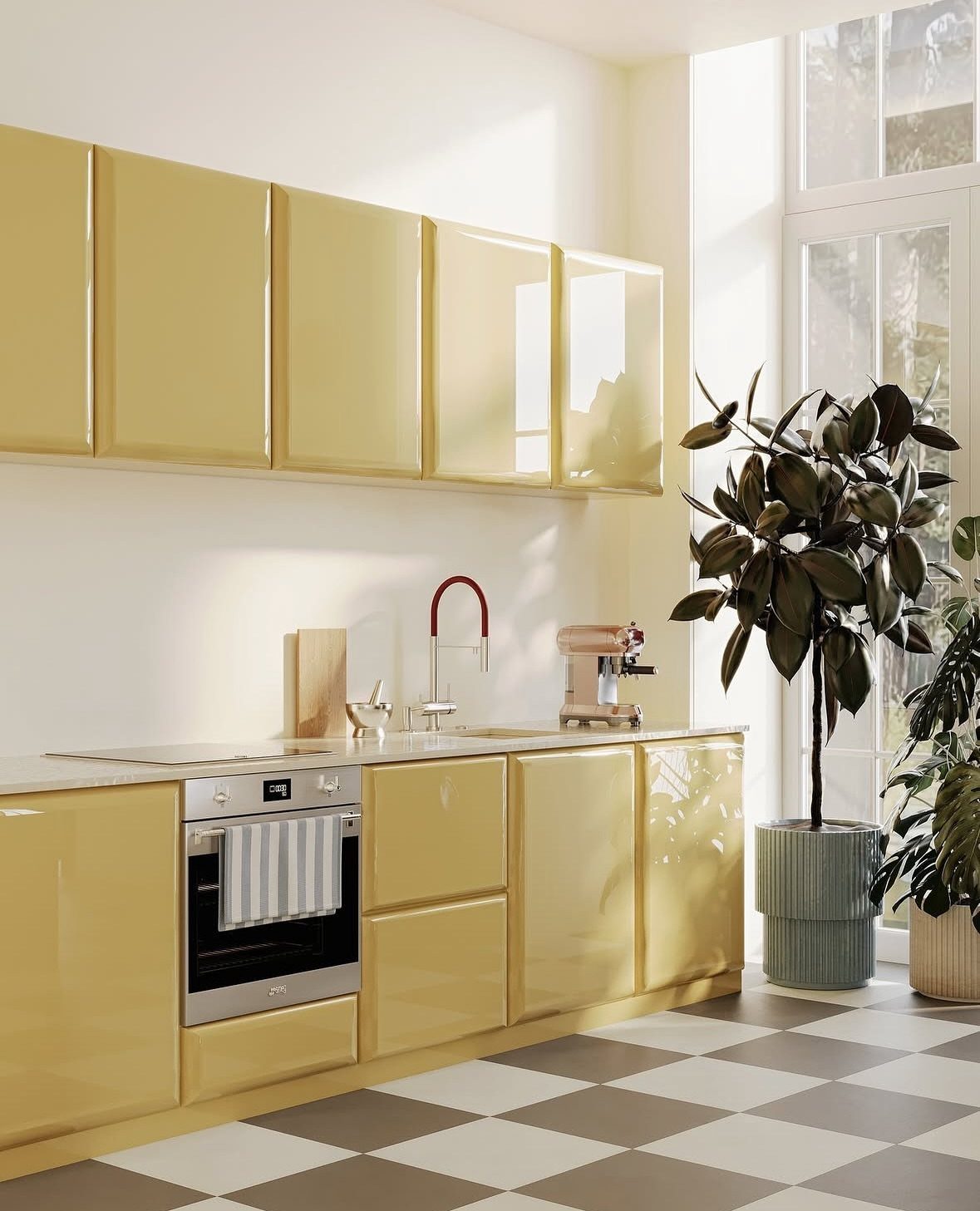 Glossy yellow kitchen cabinets installed in a bright room with checkered flooring and a potted plant.
