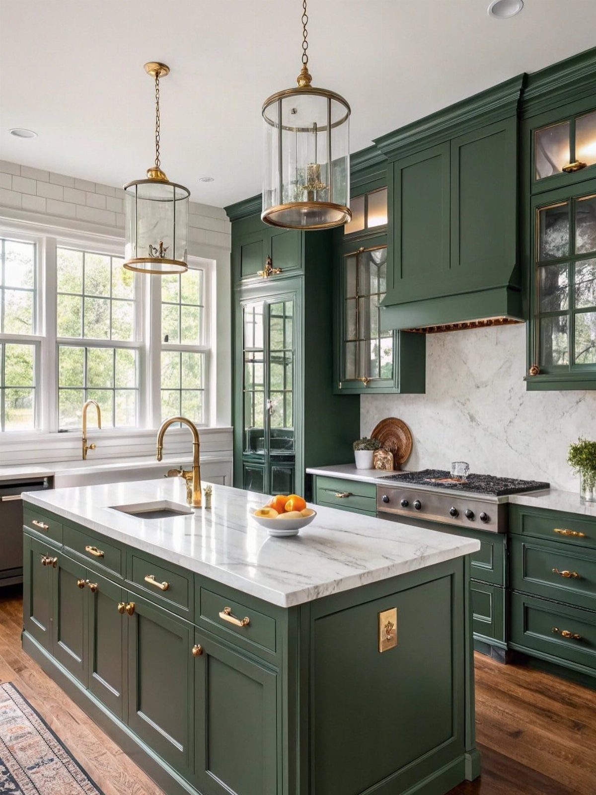 Forest green kitchen cabinets with gold hardware and white marble countertops in a bright kitchen.