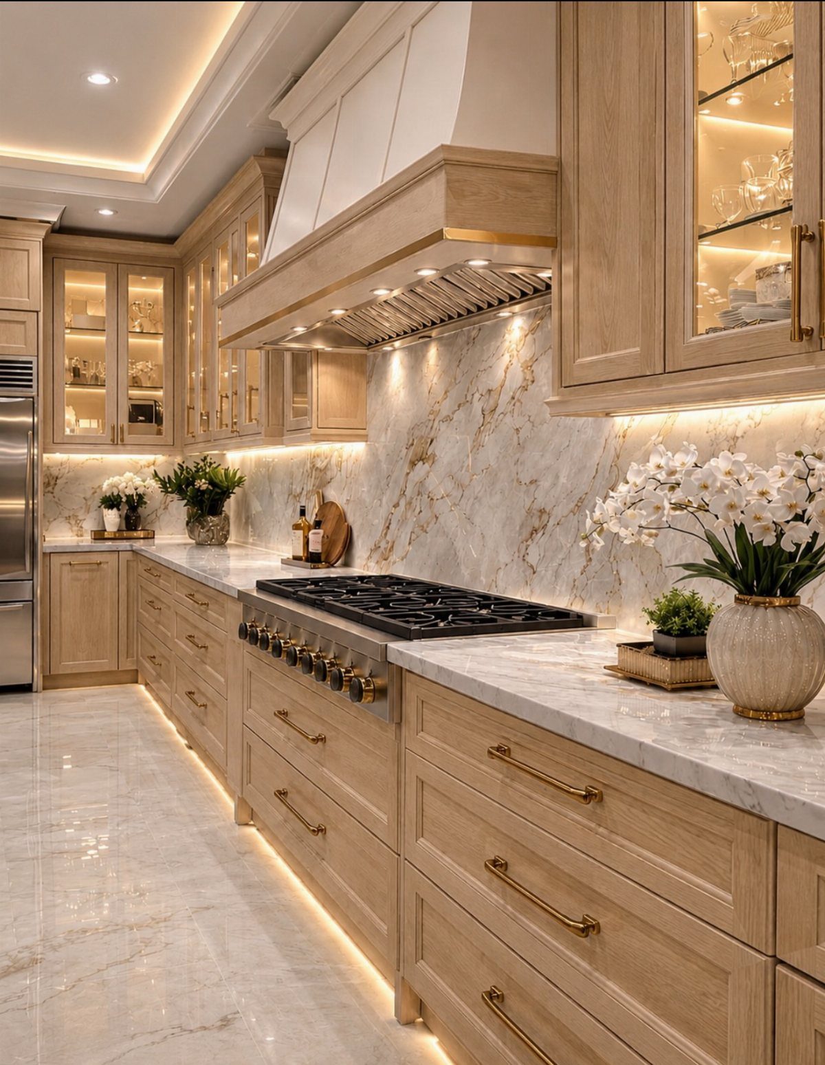 Light oak kitchen cabinets with marble countertops and gold hardware in a bright, modern kitchen.