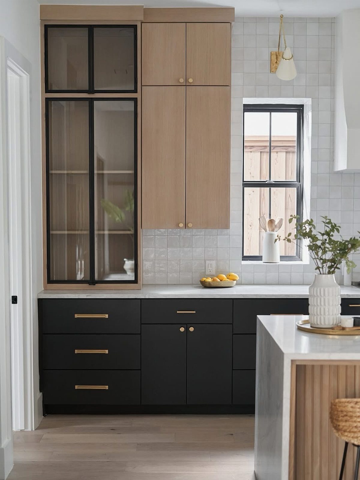 Two-tone kitchen cabinets featuring light wood upper units and black lower drawers with gold hardware.