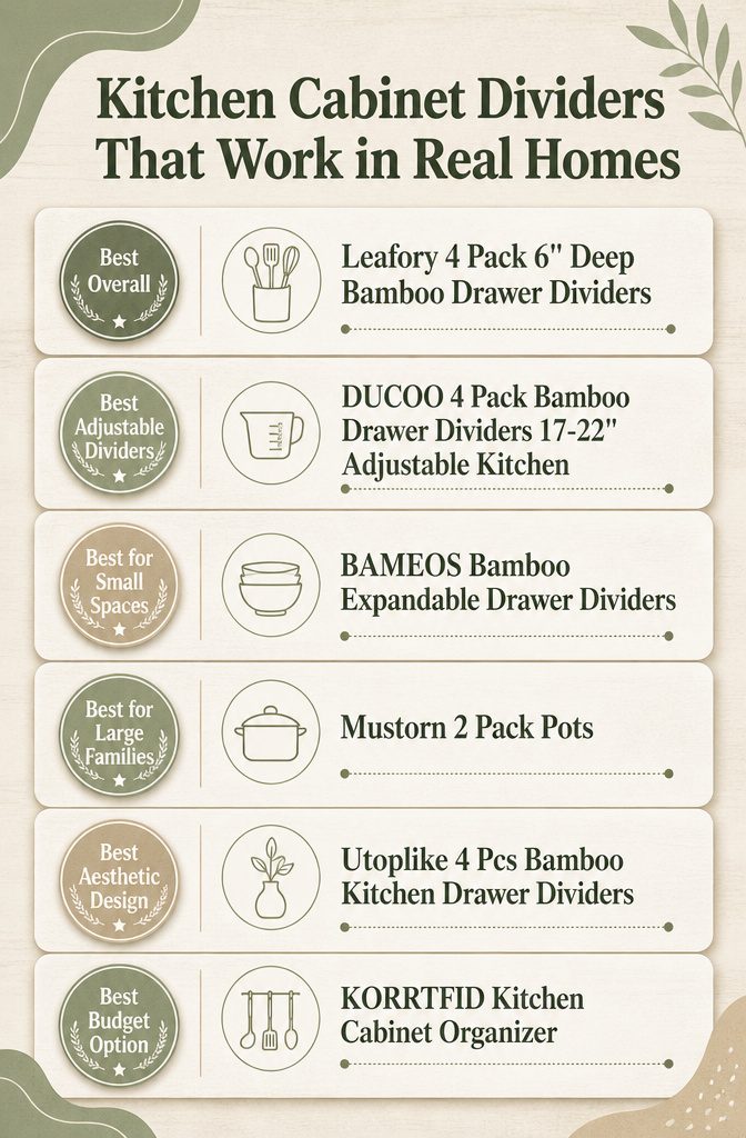 Infographic comparing different kitchen cabinet dividers with specifications