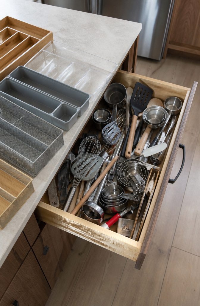 Open drawer with various kitchen items and dividers inside