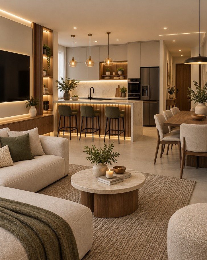 Open concept interior showing a modern living room, kitchen island, and dining area in neutral tones.