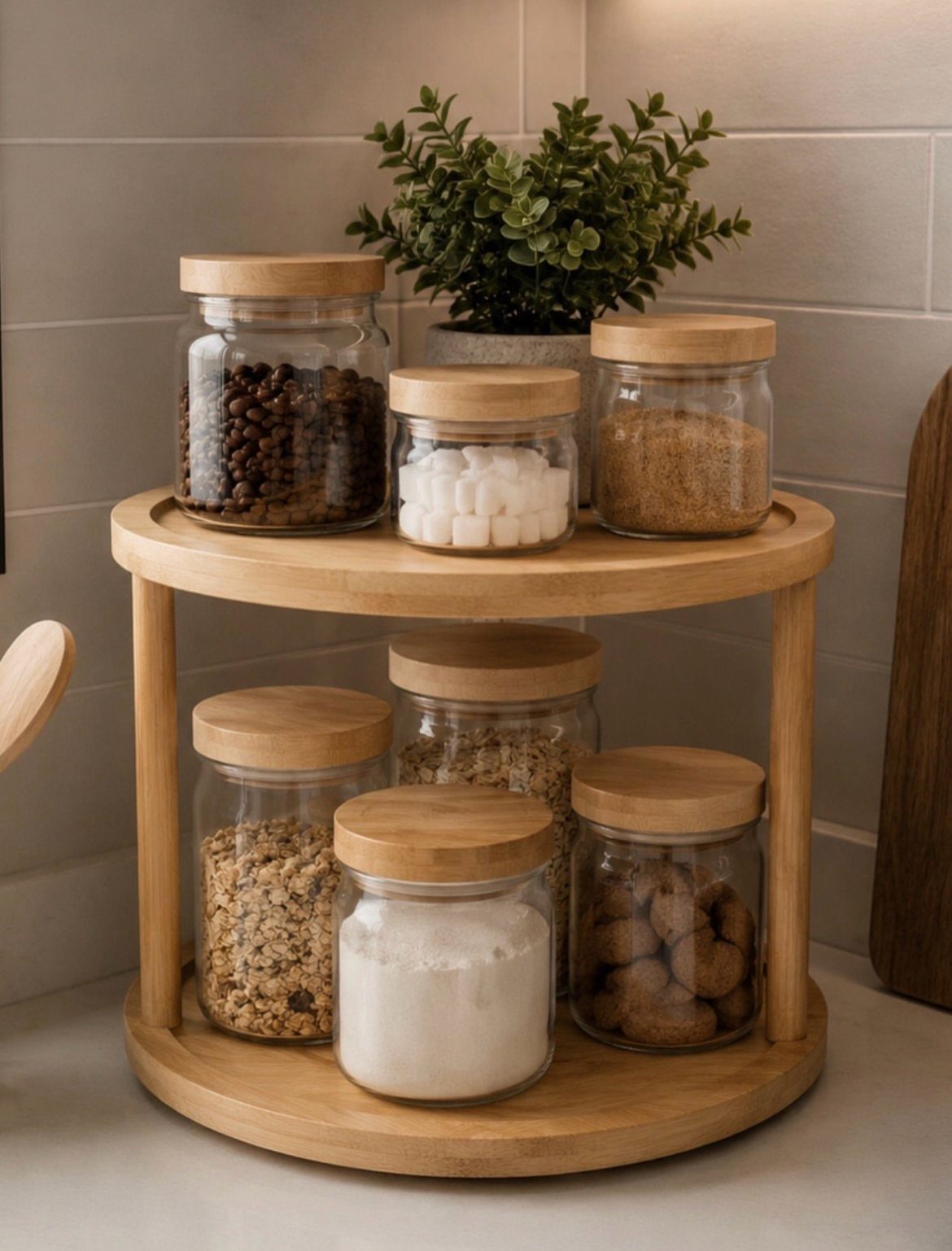 Two-tiered wooden rotating shelf holding glass jars filled with various pantry staples and a small plant.