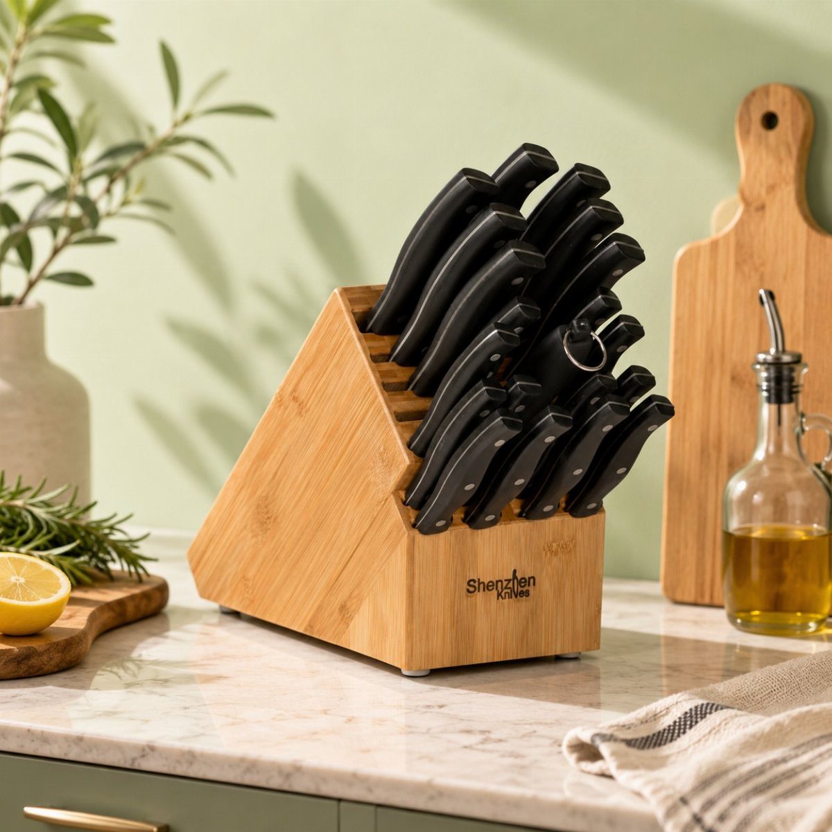 A wooden knife block holding several black-handled knives on a marble kitchen countertop.