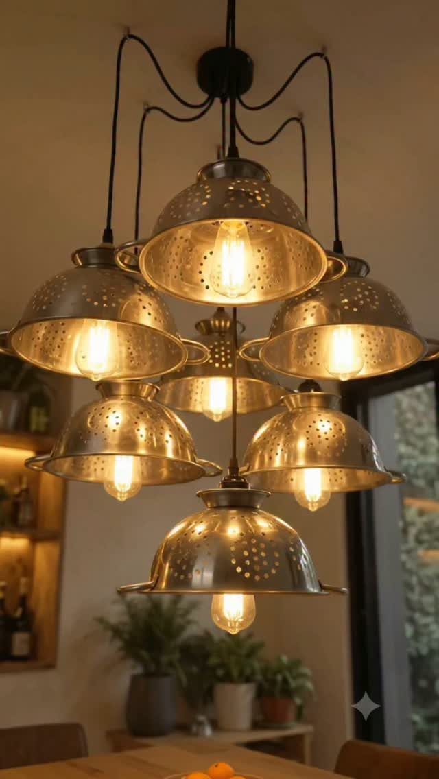 A unique chandelier made from several silver metal colanders hanging above a wooden table.