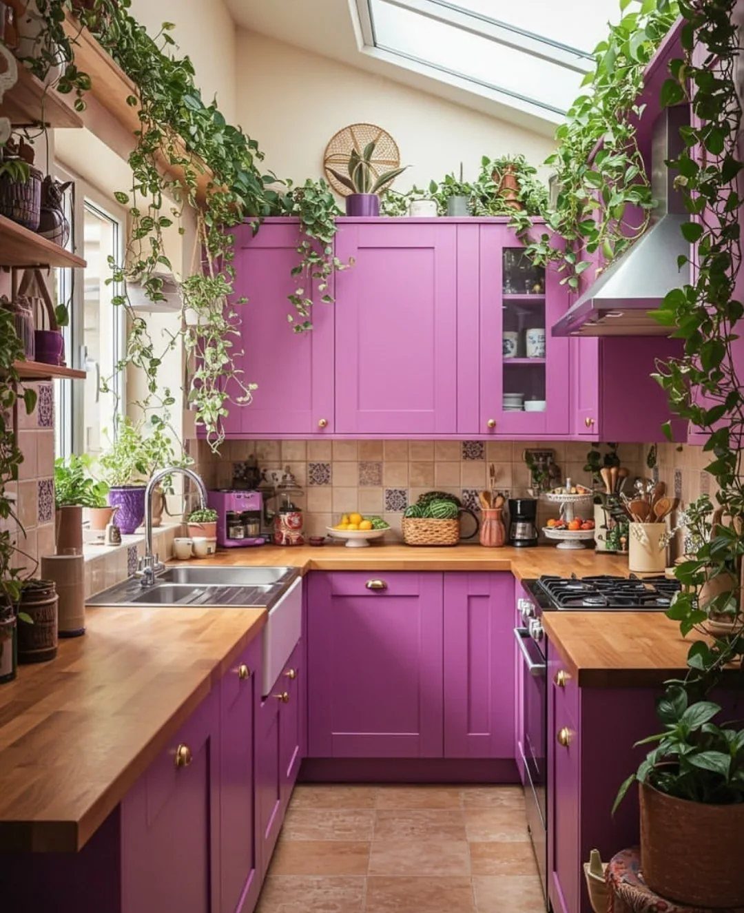 Purple kitchen cabinets with wooden countertops and lush green plants hanging around the room.