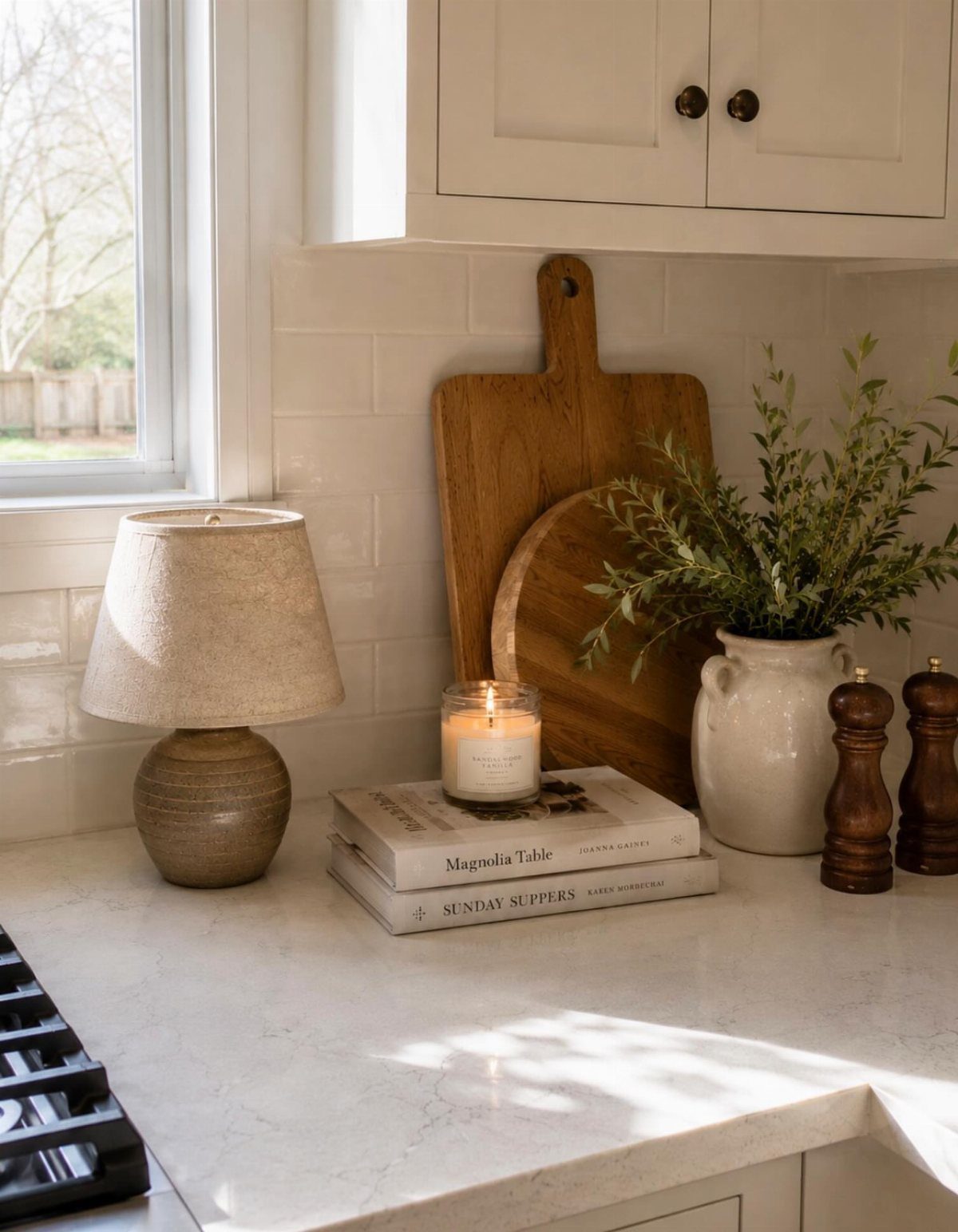 Kitchen countertop decorated with cookbooks, a candle, wooden cutting boards, and a vase of greenery.
