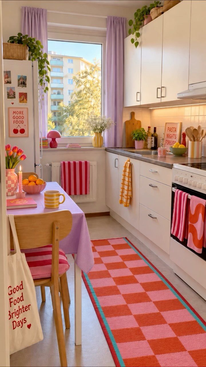 A colorful kitchen with lavender curtains, a checkered rug, and striped towels.