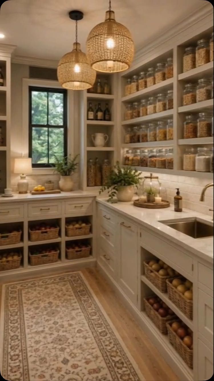 White kitchen cabinets with open shelving containing glass canisters and wicker baskets for storage.